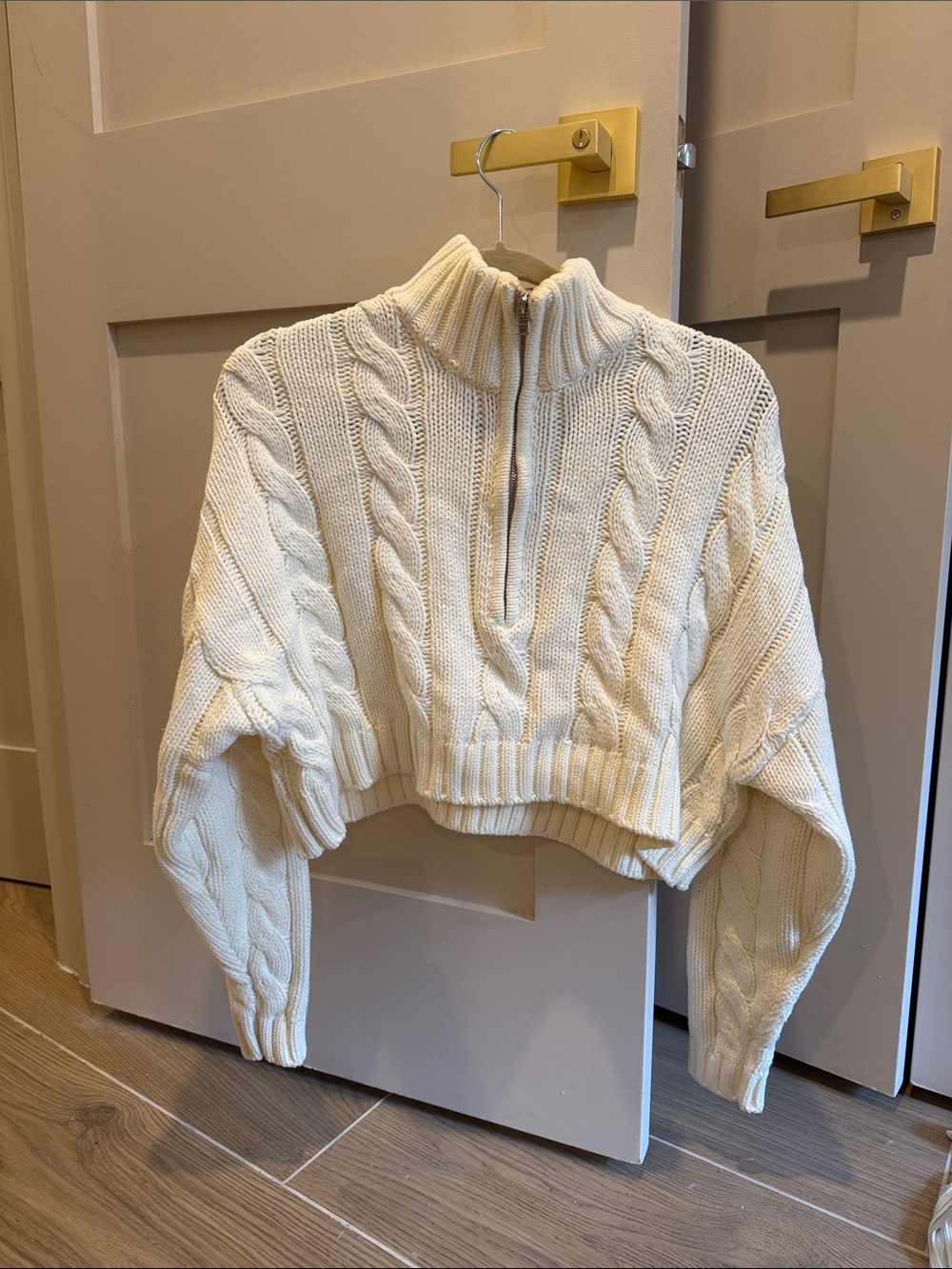 STAUD Cream Cable-Knit Half-Zip Cropped Sweater